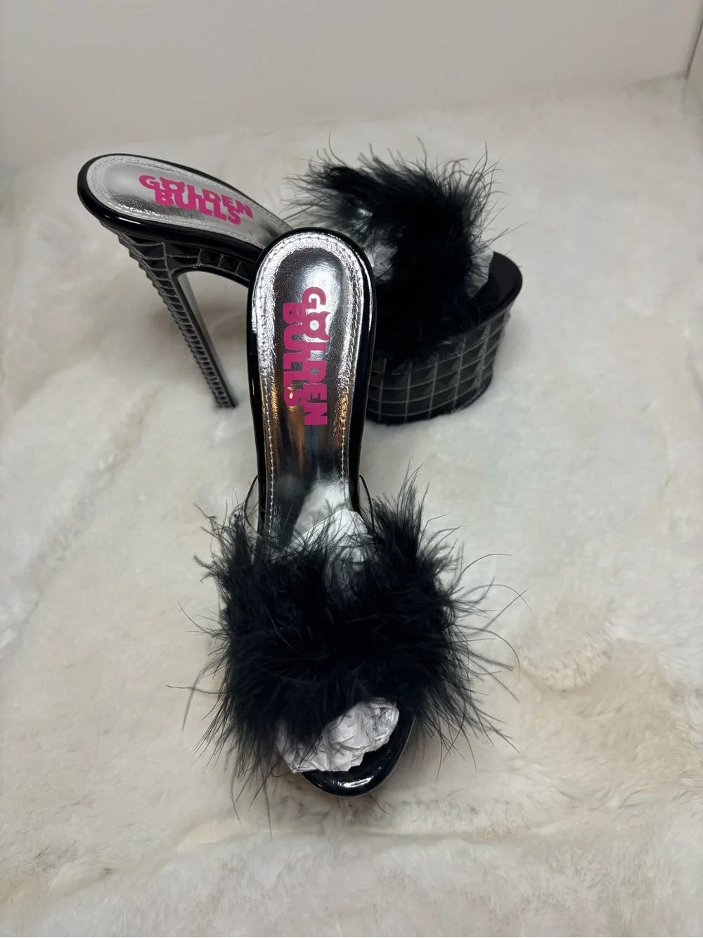 Black Feather Platform Mules with Plush Strap - Picture 2 of 4